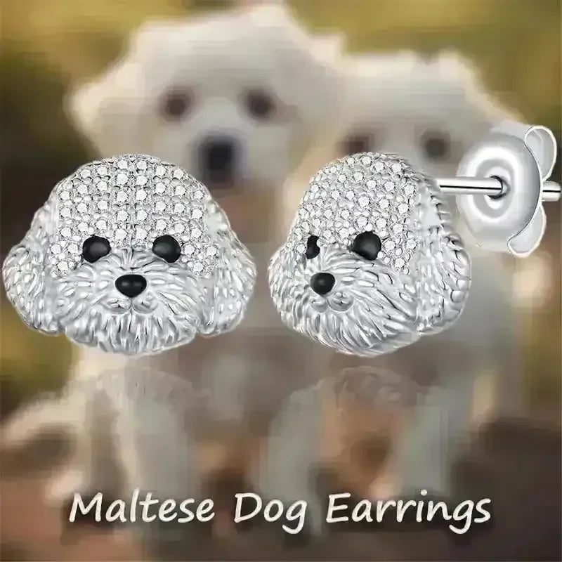 Rhinestone Maltese Dog Stud Earrings