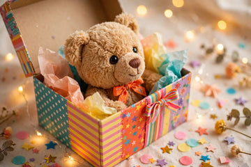 A plush teddy bear emerges from a festive gift box amidst scattered confetti, bathed in warm light.