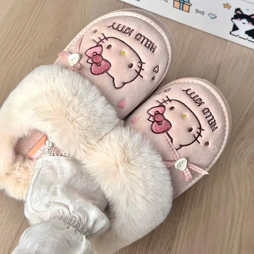 Hello Kitty Faux-Fur Trim & Bow Accent Plush Slippers - Bear Hugs
