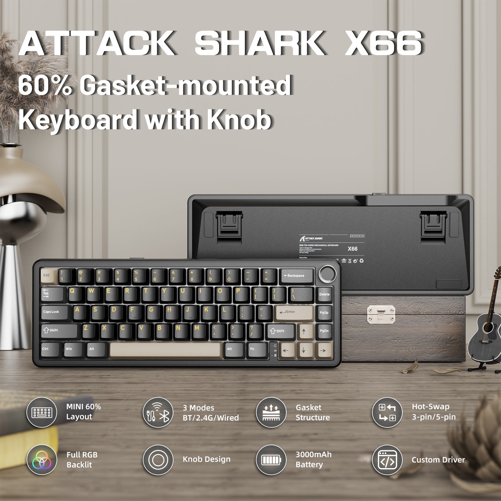ATTACK SHARK X66 Wireless Mechanical Keyboard with 8K Coiled Cable - Bear Hugs