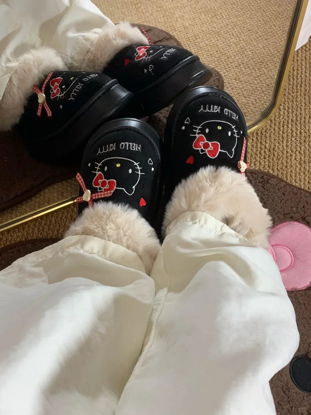 Hello Kitty Faux-Fur Trim & Bow Accent Plush Slippers - Bear Hugs