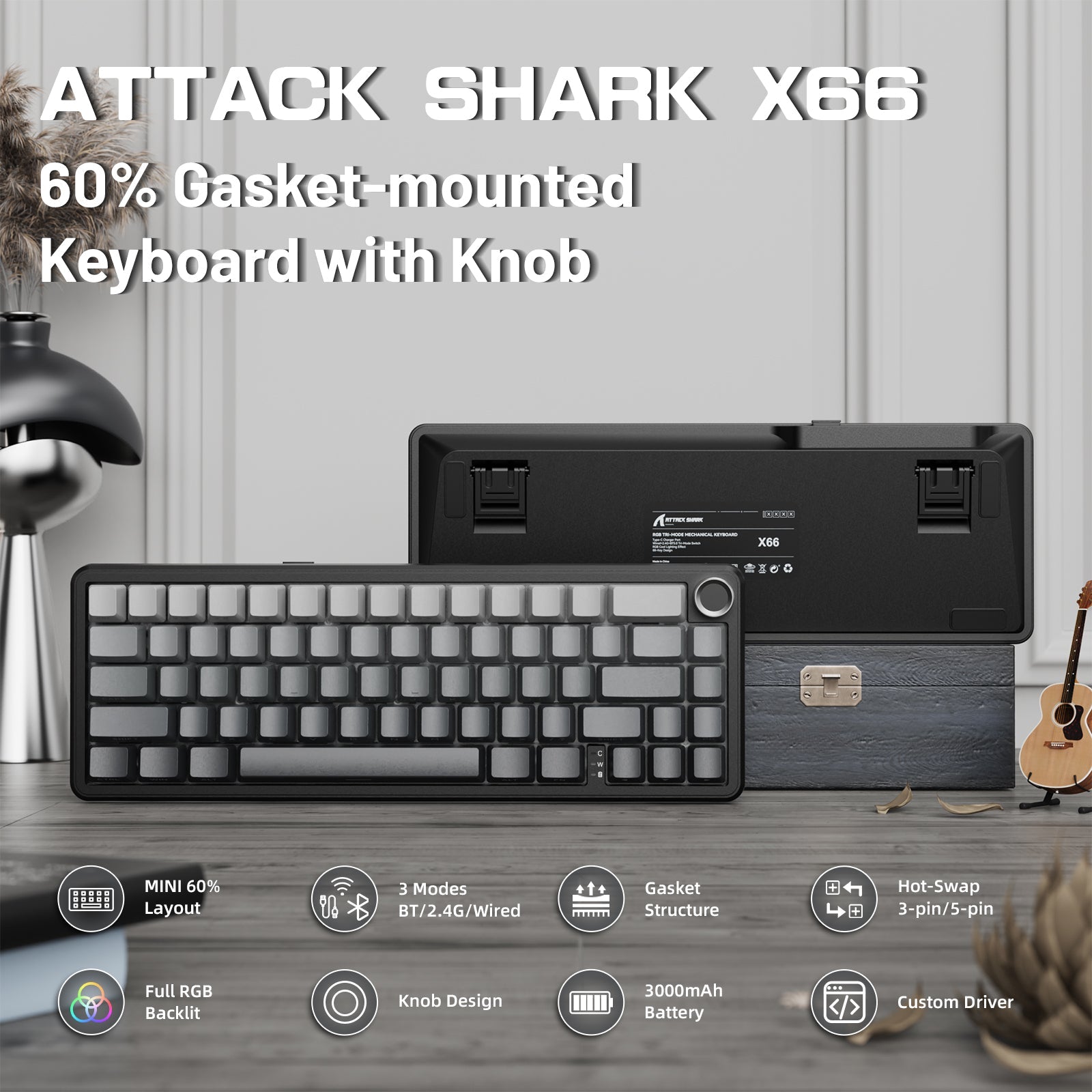ATTACK SHARK X66 Wireless Mechanical Keyboard with 8K Coiled Cable - Bear Hugs
