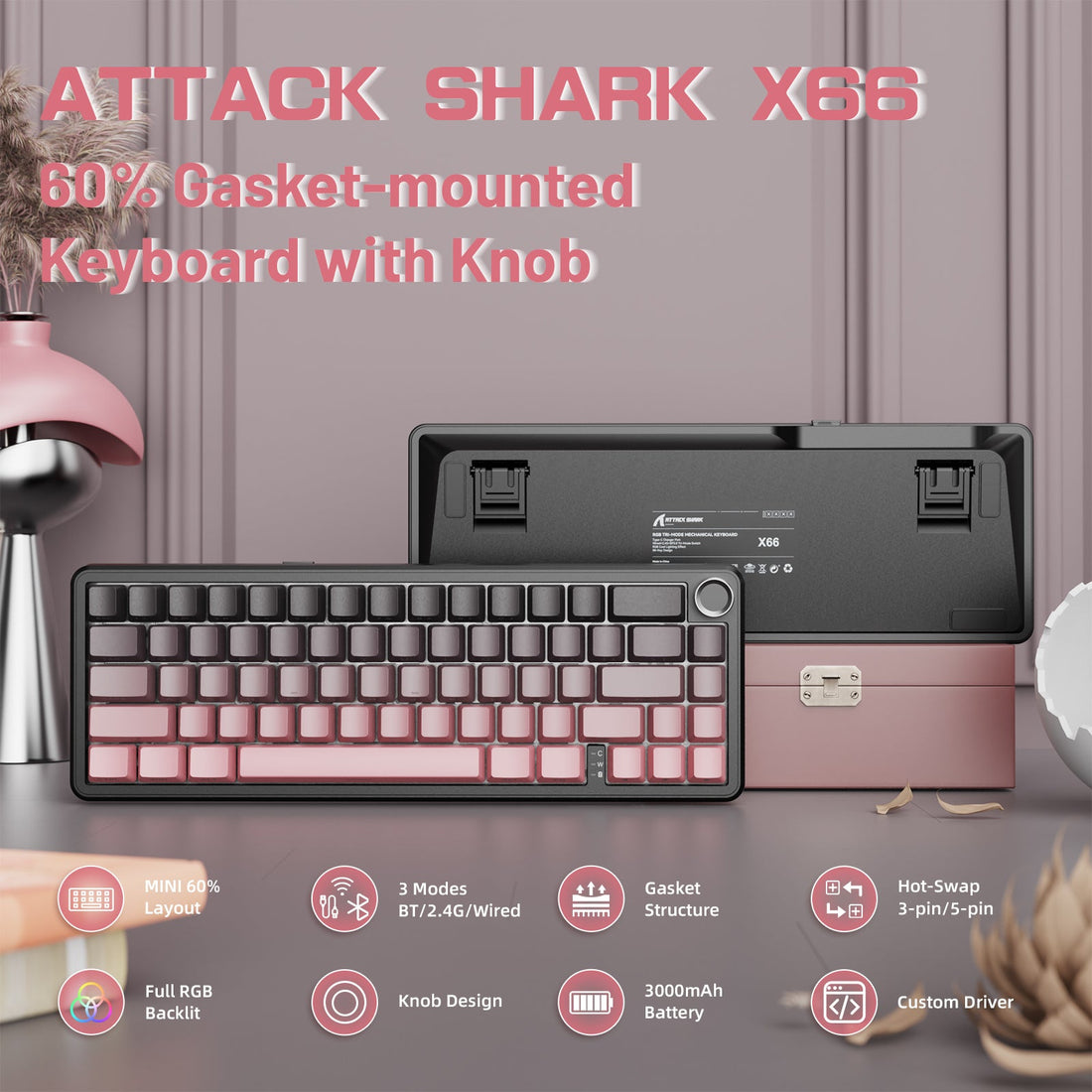 ATTACK SHARK X66 Wireless Mechanical Keyboard with 8K Coiled Cable - Bear Hugs