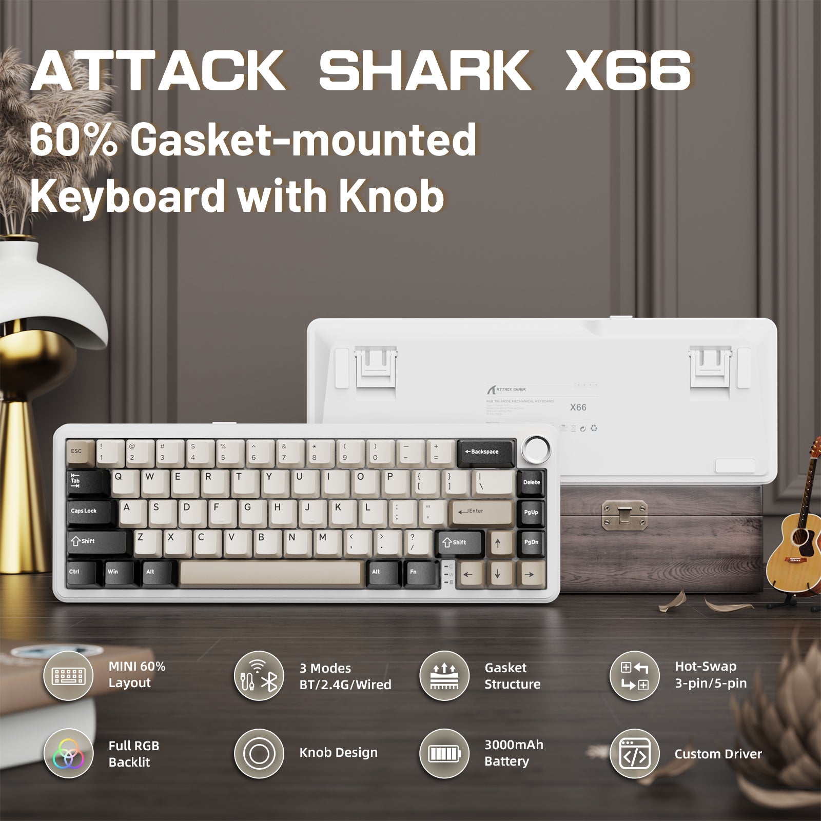 ATTACK SHARK X66 Wireless Mechanical Keyboard with 8K Coiled Cable - Bear Hugs