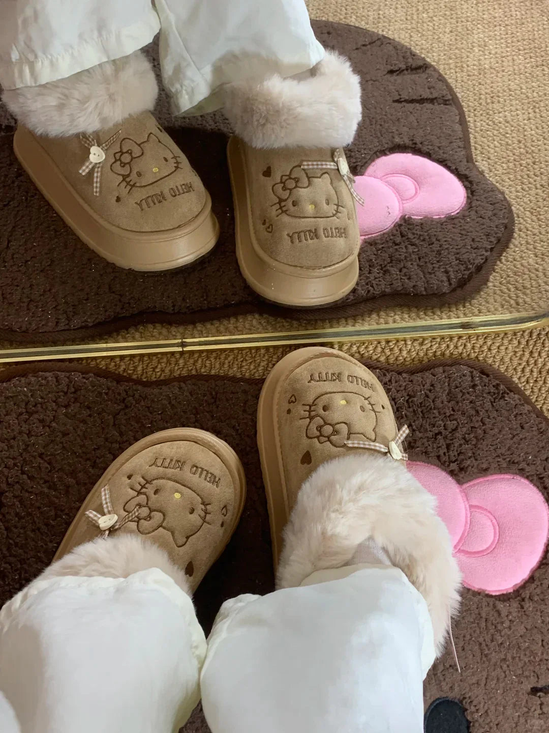 Hello Kitty Faux-Fur Trim & Bow Accent Plush Slippers - Bear Hugs