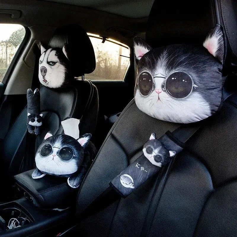 3D Cat & Dog Headrest Cushions with Seatbelt Covers - Bear Hugs