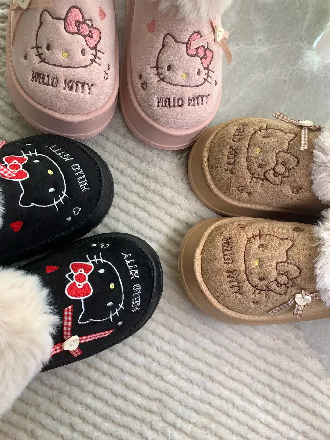 Hello Kitty Faux-Fur Trim & Bow Accent Plush Slippers - Bear Hugs