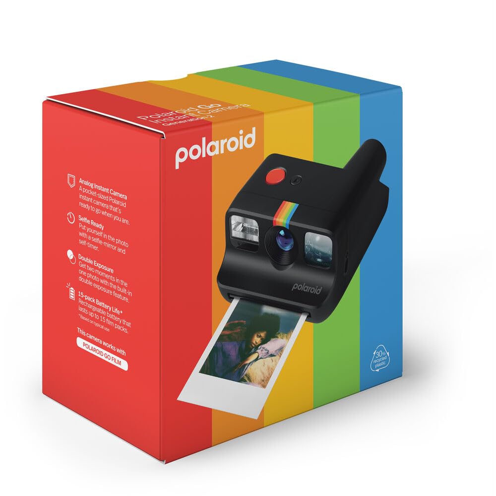 Polaroid Go Generation 2 Instant Film Mini Camera (Black) Bundled with Polaroid GO Color Film Double Pack, Hard Carrying Case, Lens Cleaning Cloth - Bear Hugs