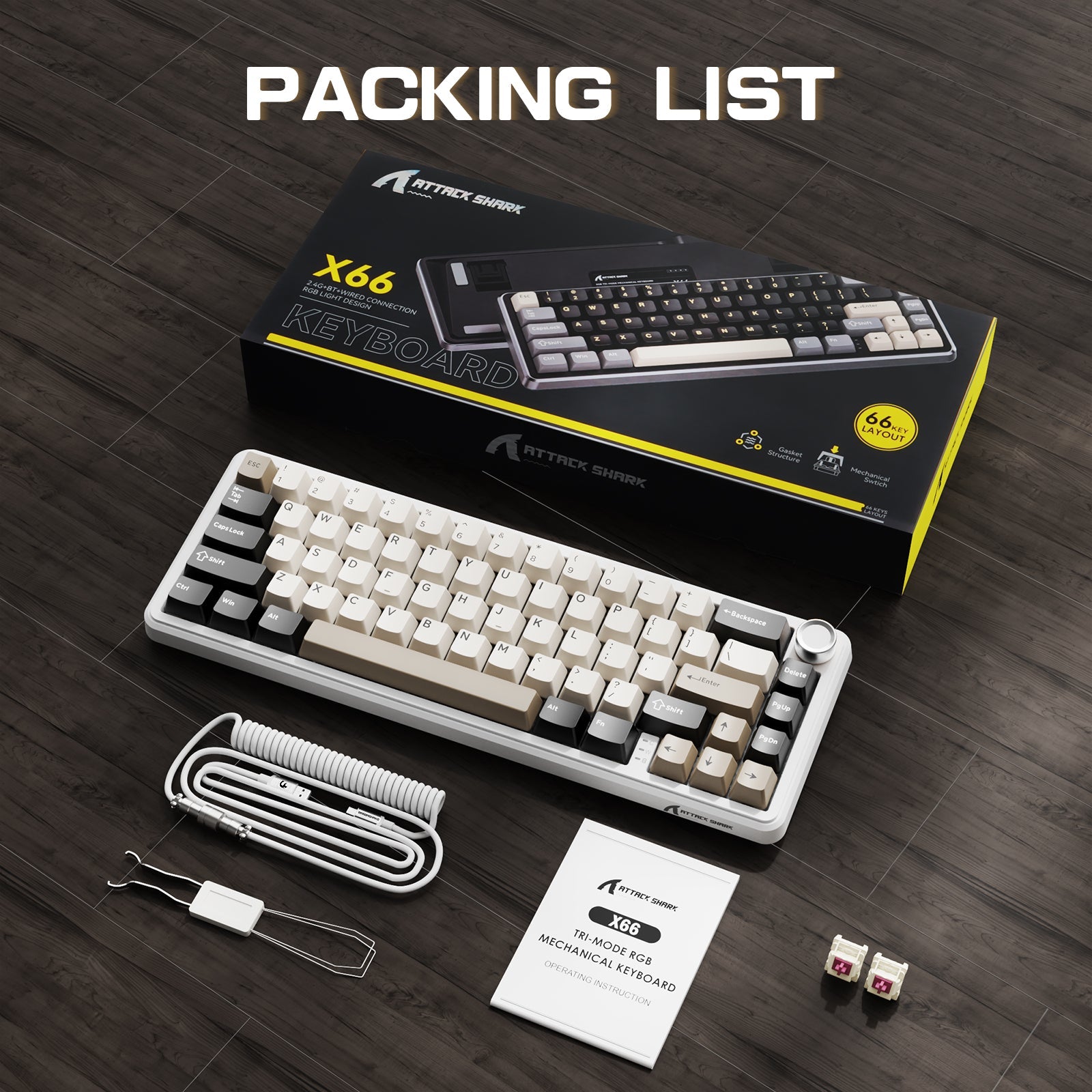 ATTACK SHARK X66 Wireless Mechanical Keyboard with 8K Coiled Cable - Bear Hugs