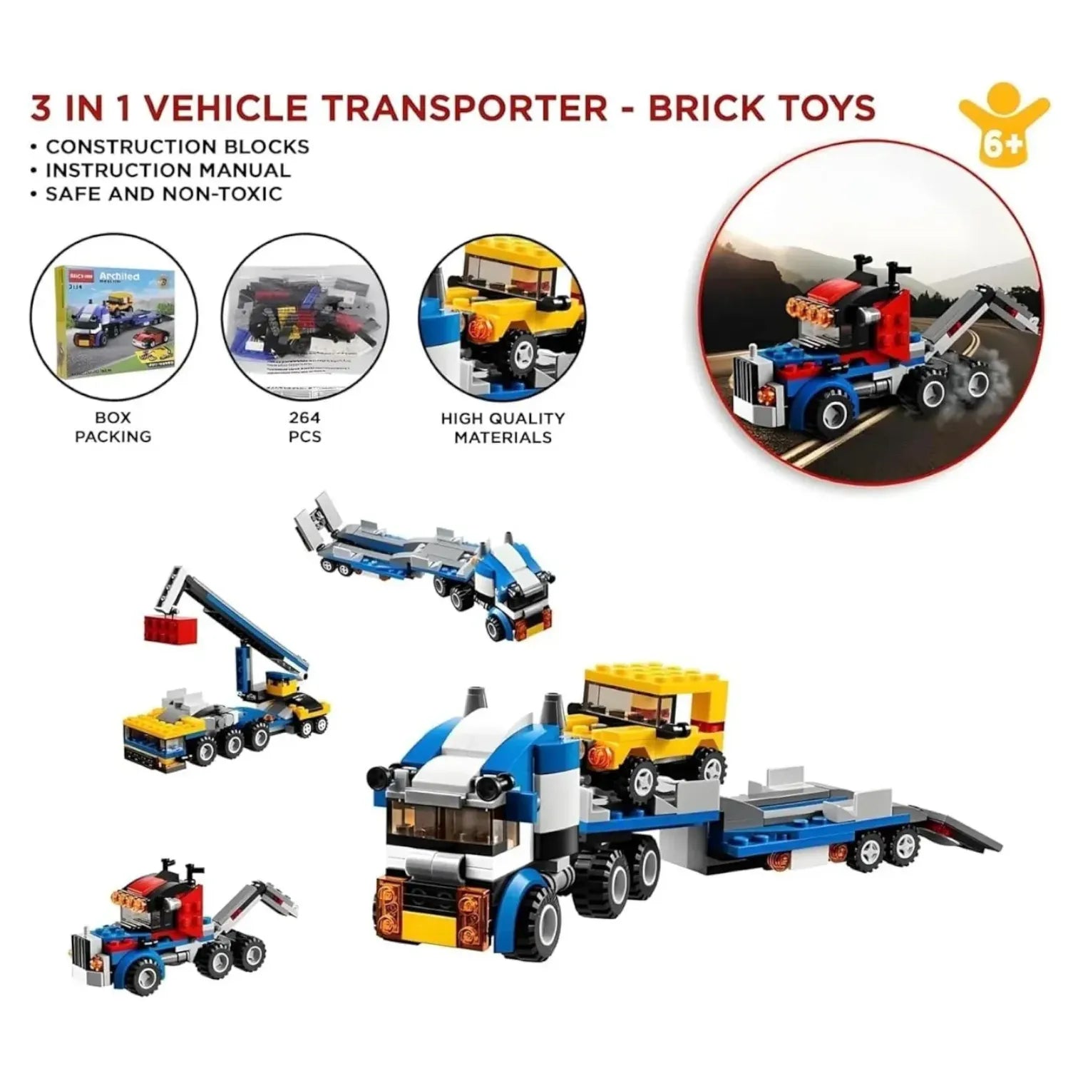 Brick Vehicle Transporter 3-in-1 Building Blocks (264 Pcs)