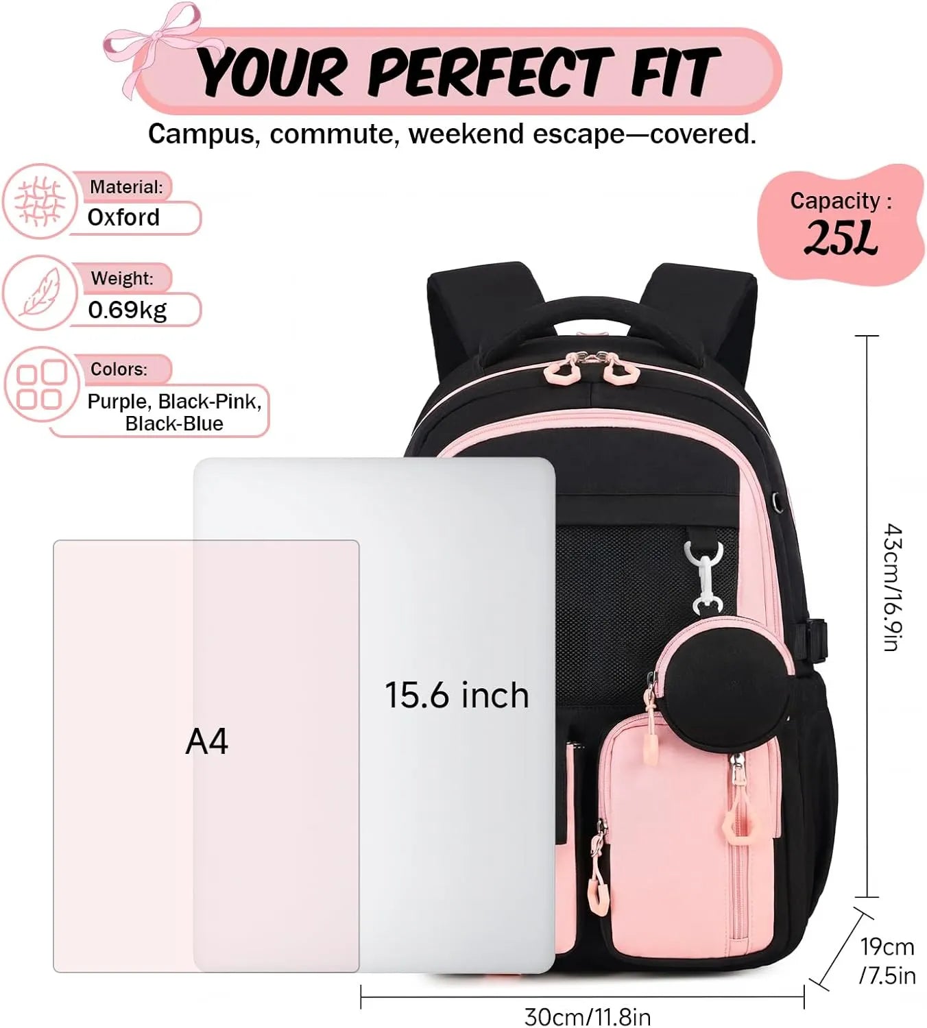 Black Pink Commute Girl School Backpack