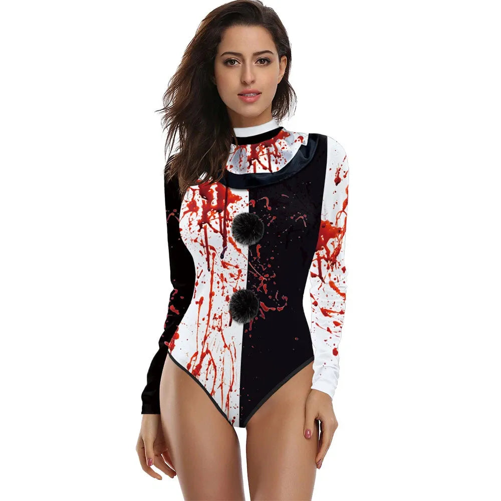 Midnight Menace Blood Splattered Clown Bodysuit