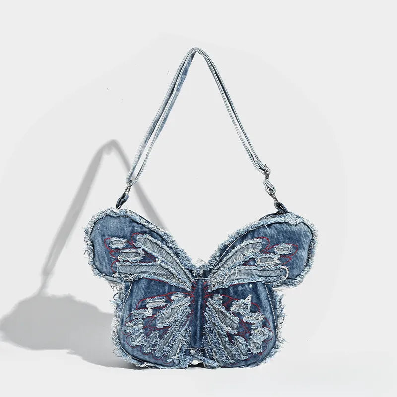 Frayed Butterfly Denim Premium Y2K Backpack