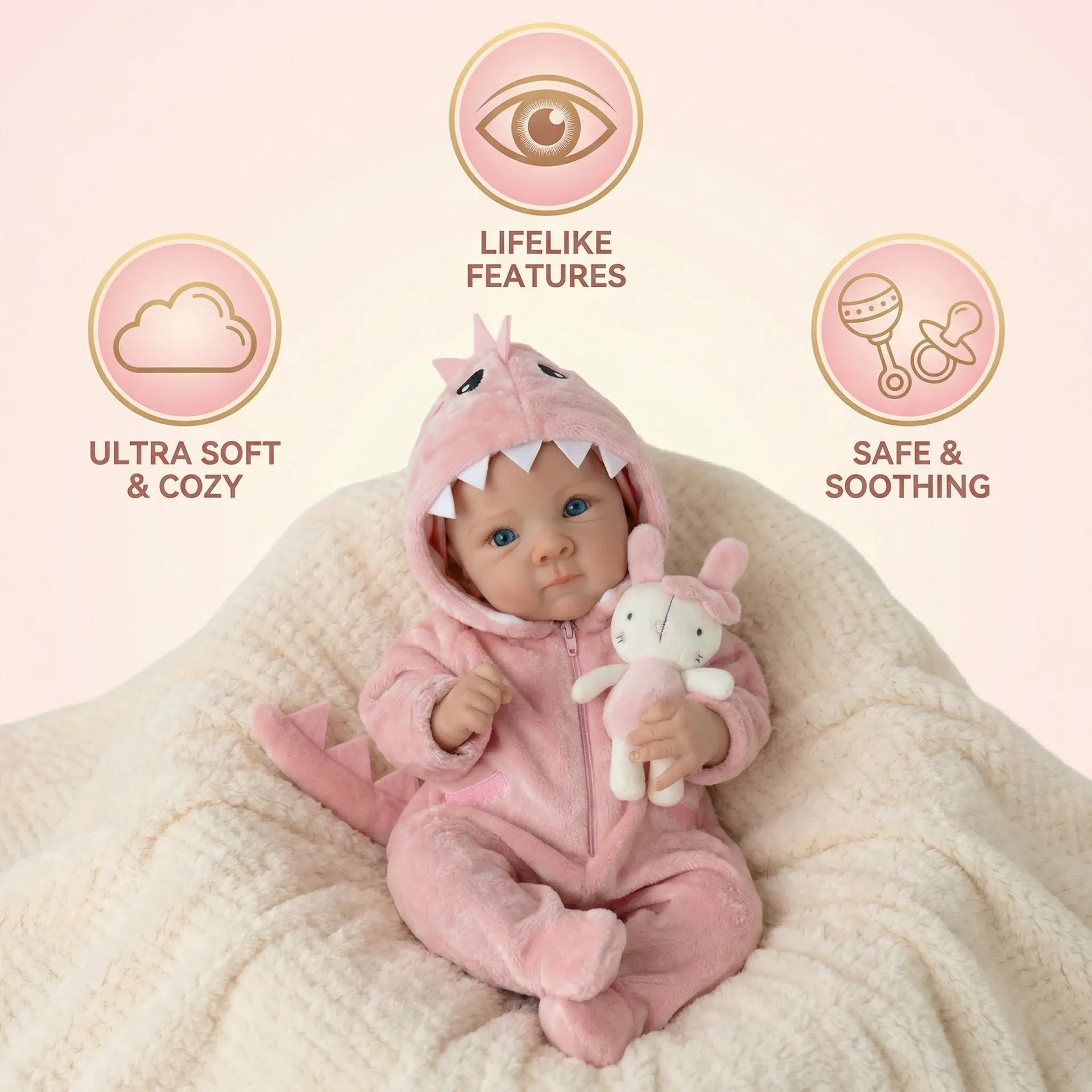Lifelike Reborn Pink Dino Baby Doll (45 cm)
