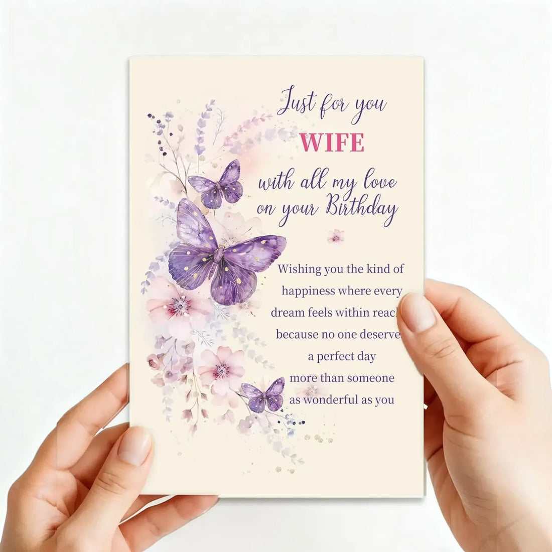 Purple Butterfly Wife's Birthday Greeting Card