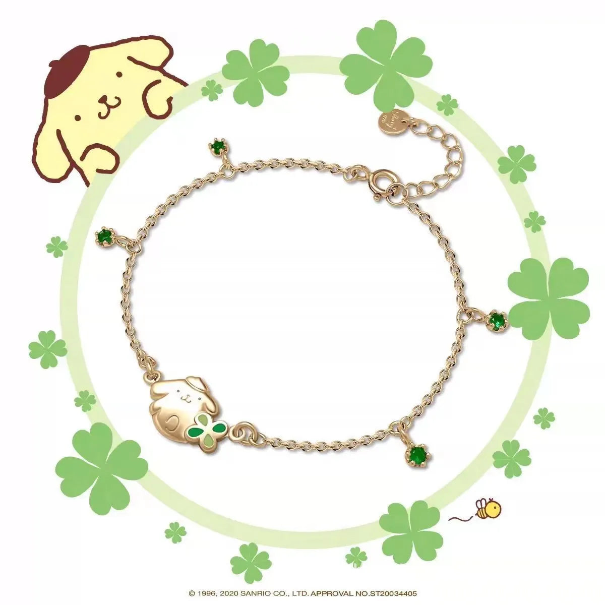 Sanrio x Story+ Pompompurin Four-Leaf Clover Gold Charm Bracelet