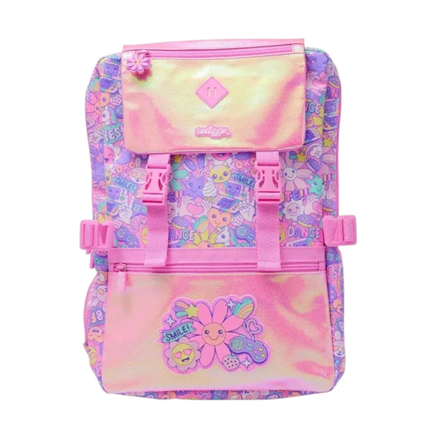 SMGL Smiling Daisy Pink Iridescent Buckle Flap Backpack