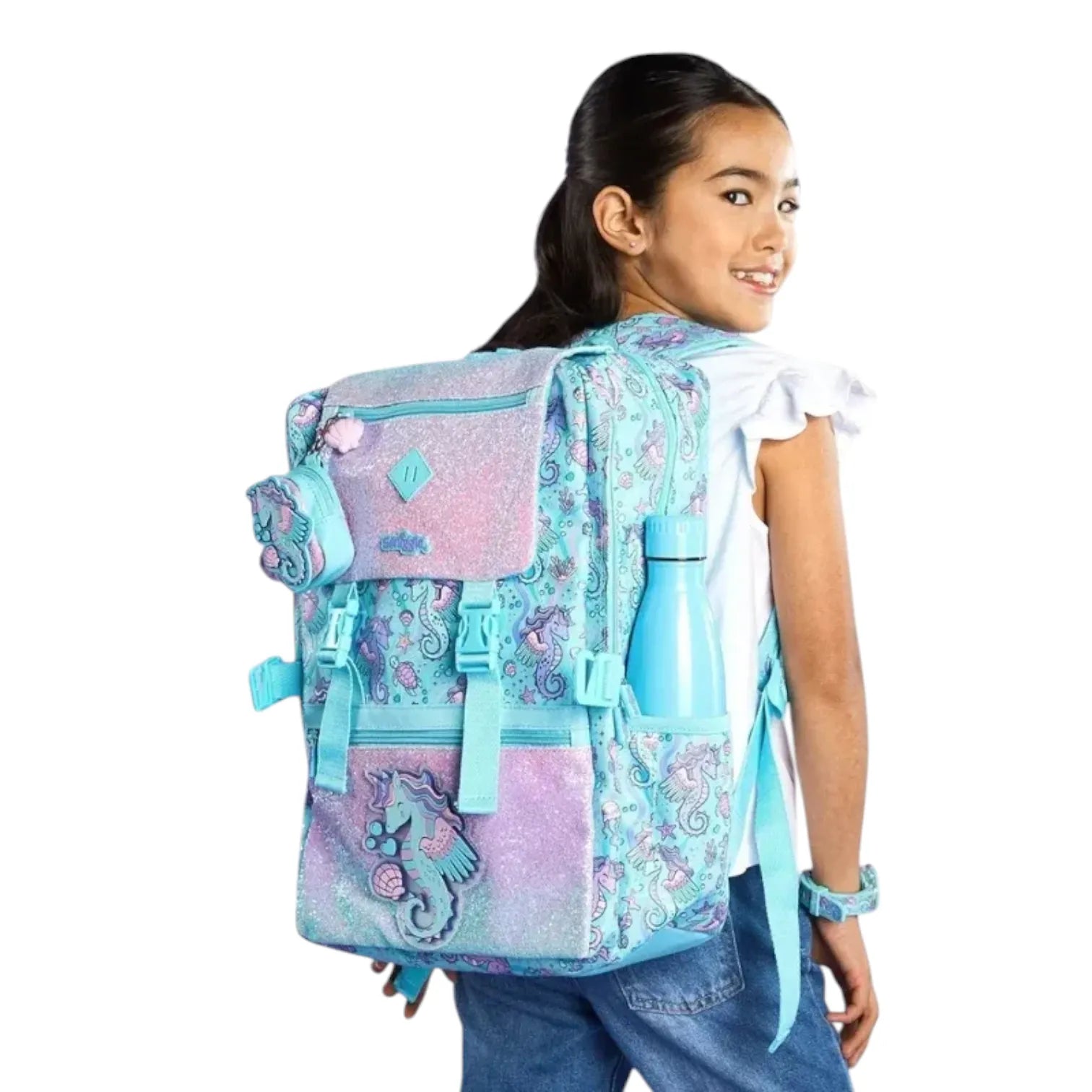 SMGL Winged Seahorse Glitter Buckle Flap Backpack