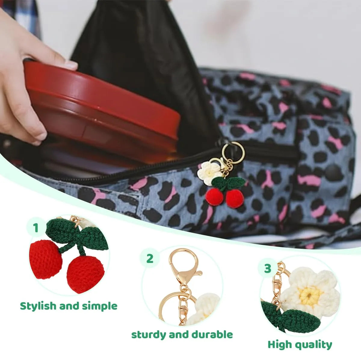 Handmade Crochet Cherry and Daisy Flower Keychain
