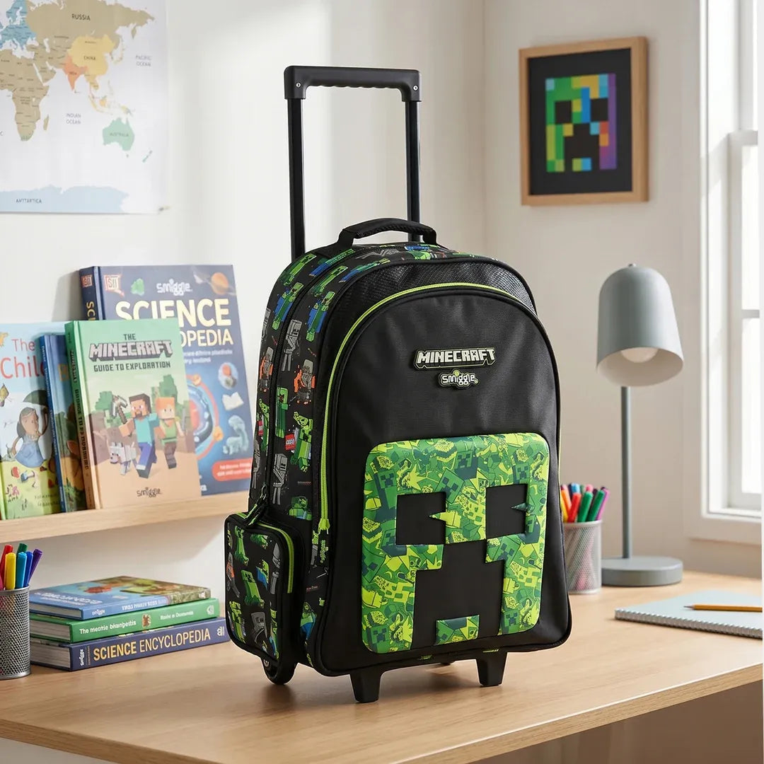 SMGL Minecraft Creeper Black Wheeled Trolley Backpack