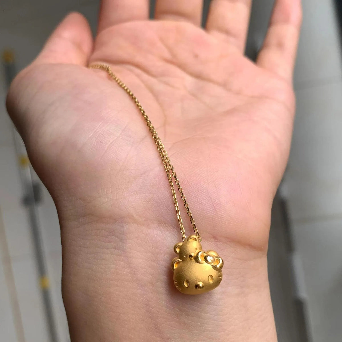 Sanrio Hello Kitty Tiny Chum Teddy Bear Matte Gold Pendant Necklace