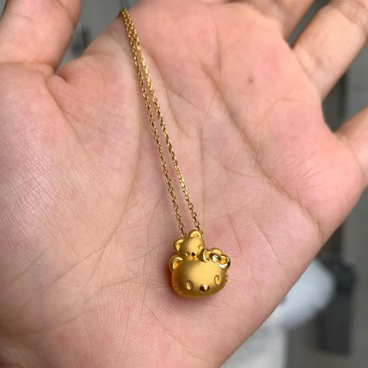 Sanrio Hello Kitty Tiny Chum Teddy Bear Matte Gold Pendant Necklace