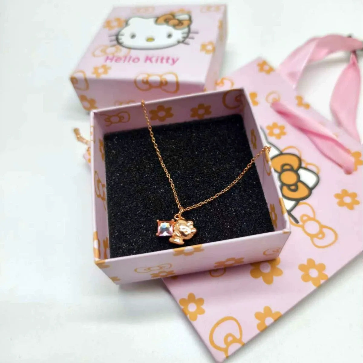 Sanrio Hello Kitty Pink Crystal Gemstone Rose Gold Pendant Necklace