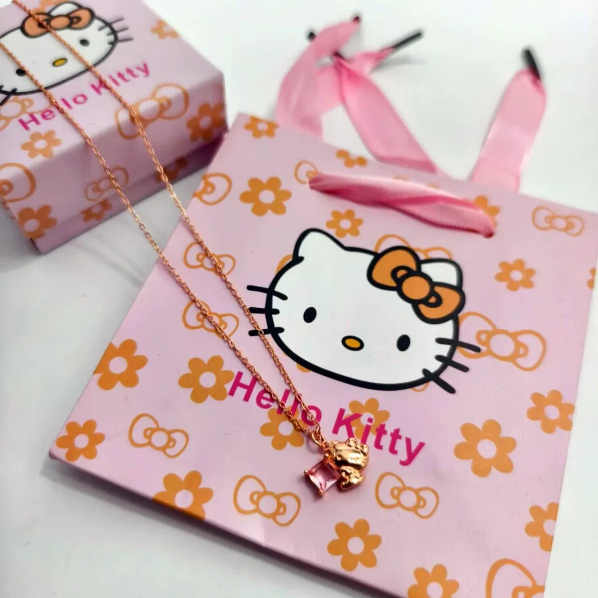 Sanrio Hello Kitty Pink Crystal Gemstone Rose Gold Pendant Necklace