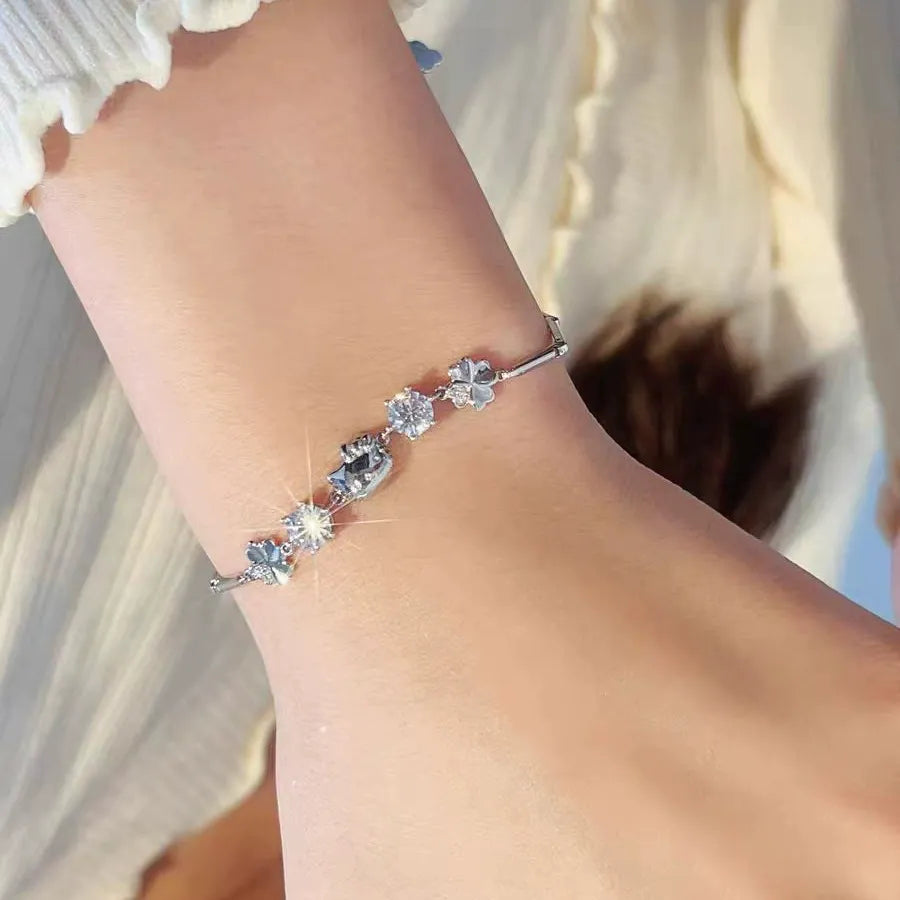 Sanrio Kuromi Sparkling Crystal Lucky Clover Silver Bangle Bracelet