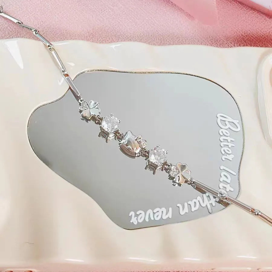 Sanrio Kuromi Sparkling Crystal Lucky Clover Silver Bangle Bracelet
