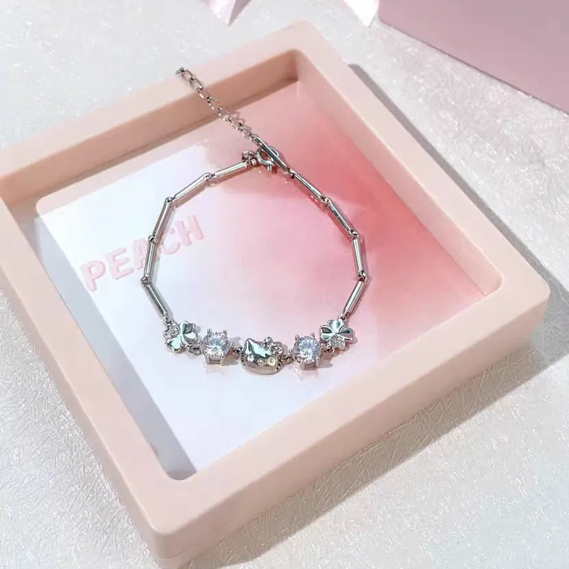 Sanrio Kuromi Sparkling Crystal Lucky Clover Silver Bangle Bracelet