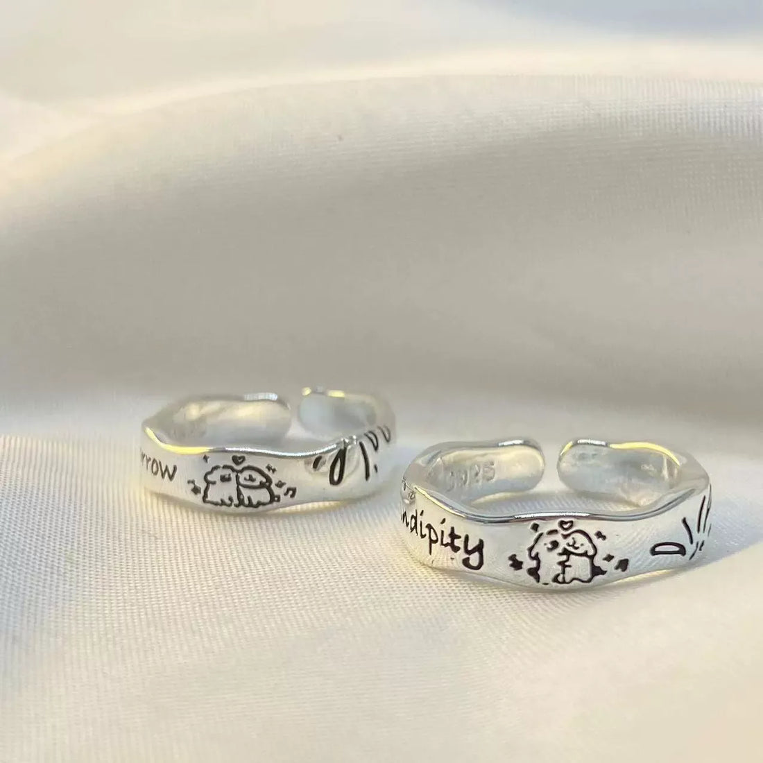 Serendipity Engraved Cartoon Doodle Rings (Set of 2)