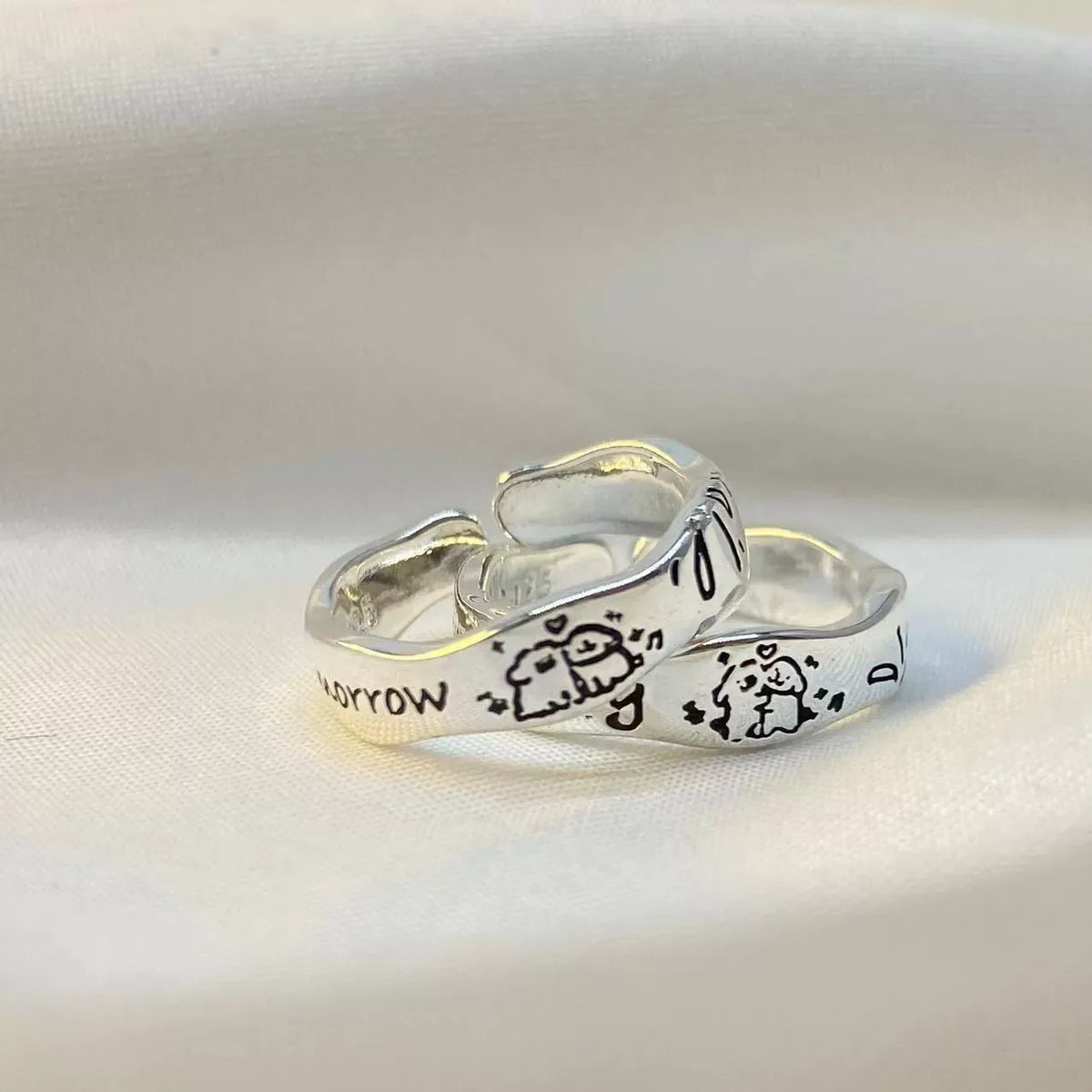 Serendipity Engraved Cartoon Doodle Rings (Set of 2)