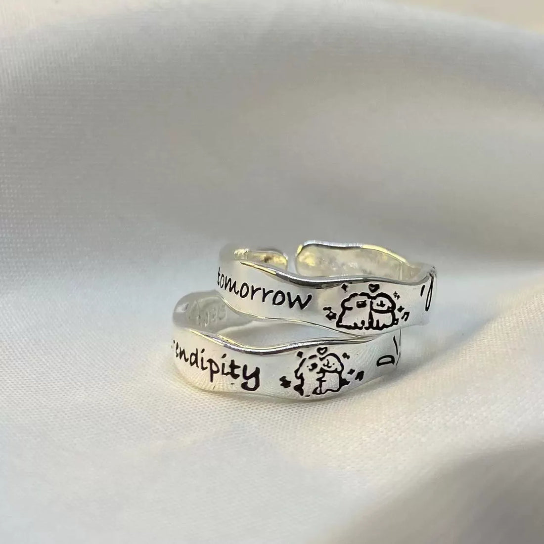 Serendipity Engraved Cartoon Doodle Rings (Set of 2)