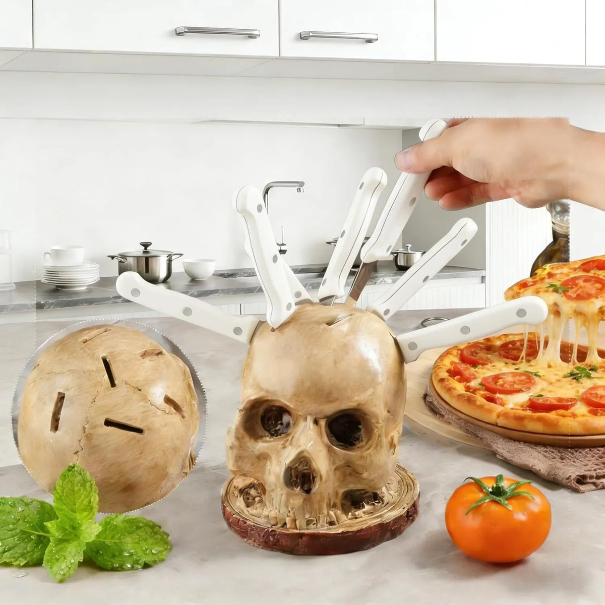 Realistic Skeleton Head Horror Knife Stand