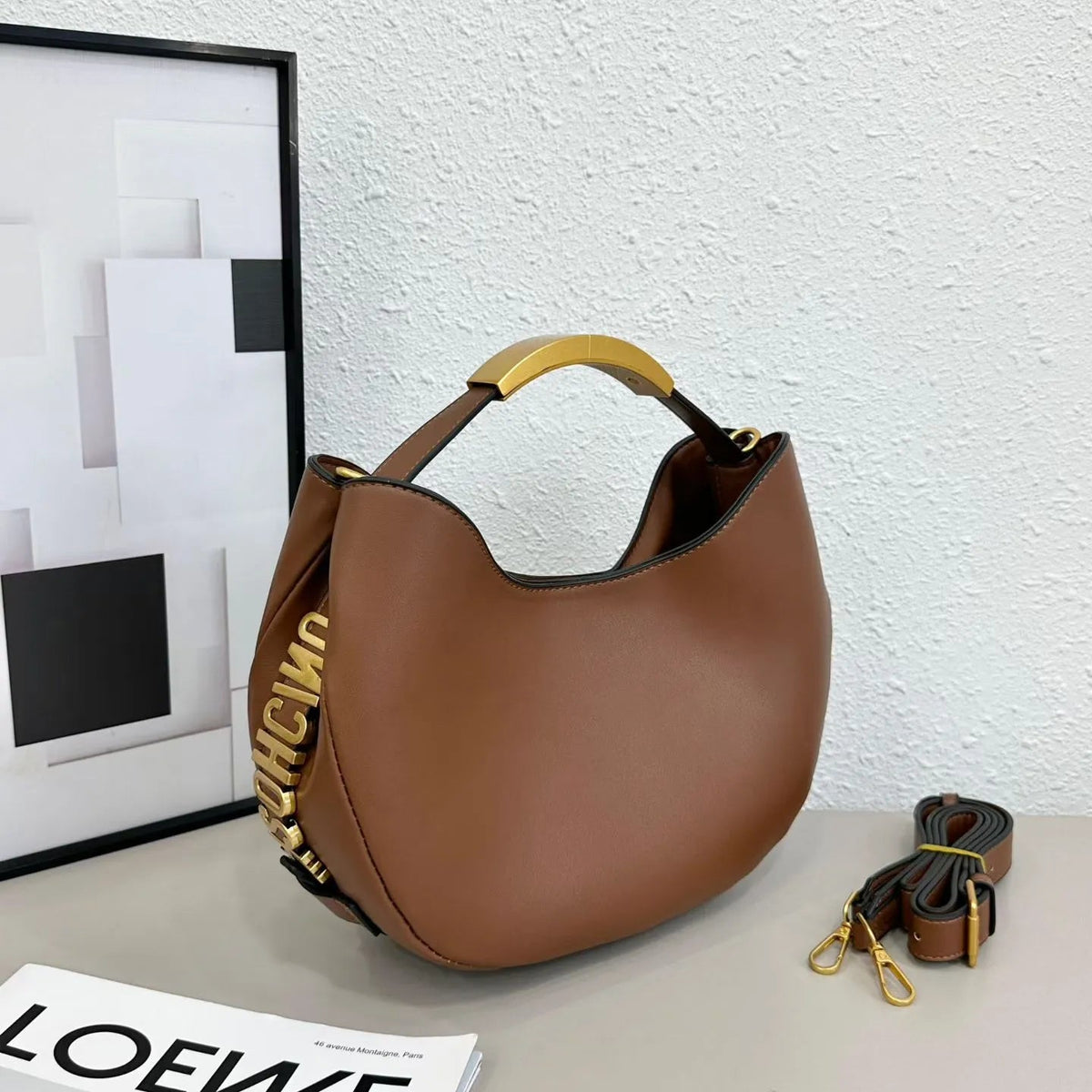 Mosh Lettering Accent Crescent Shoulder Bag
