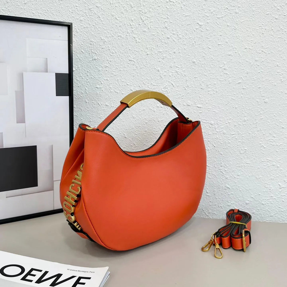 Mosh Lettering Accent Crescent Shoulder Bag