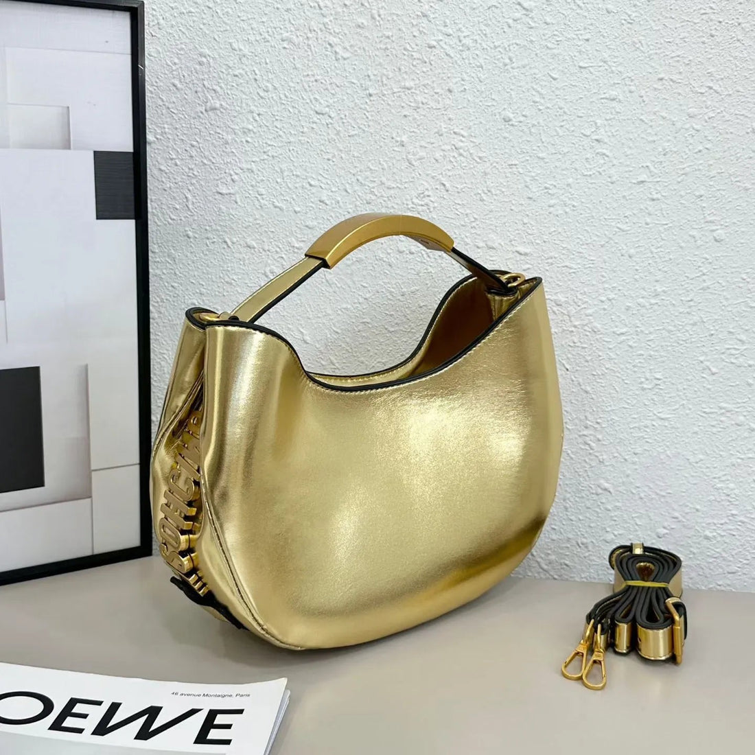 Mosh Lettering Accent Crescent Shoulder Bag
