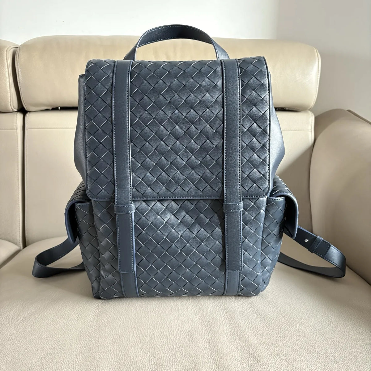 BotVena Intrecciato Woven Calfskin Flap Backpack