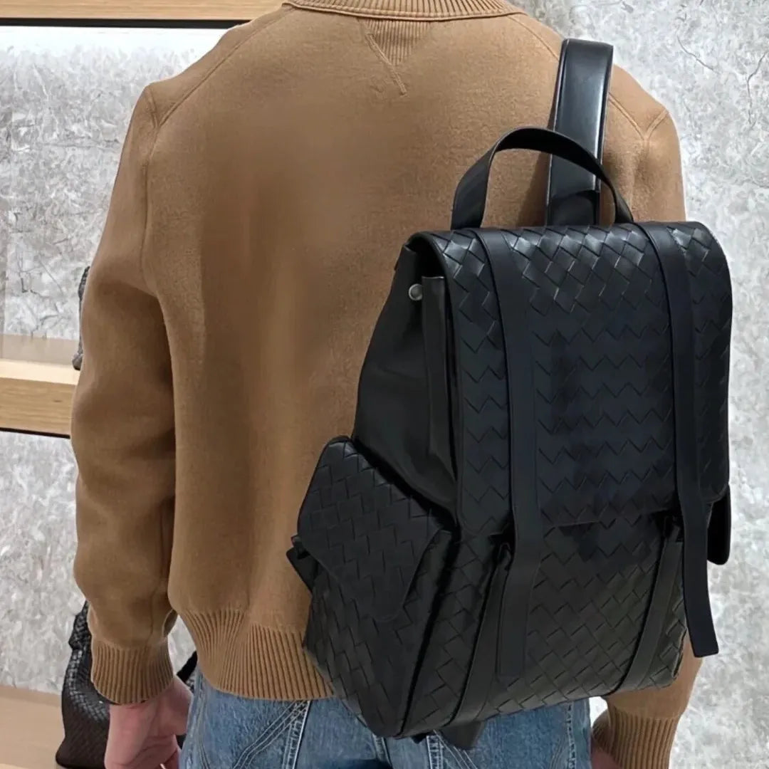 BotVena Intrecciato Woven Calfskin Flap Backpack