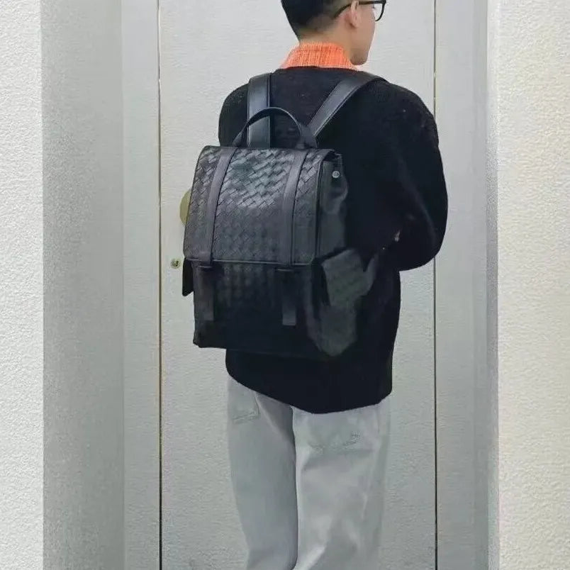 BotVena Intrecciato Woven Calfskin Flap Backpack