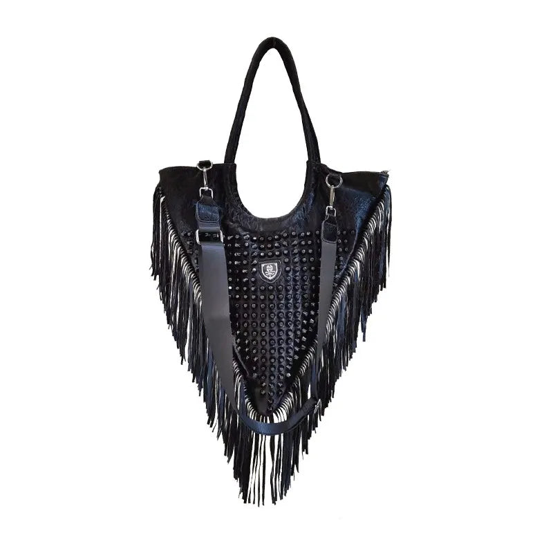 Onyx Studded Fringe Moto Hobo Handbag