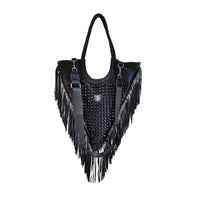 Onyx Studded Fringe Moto Hobo Handbag