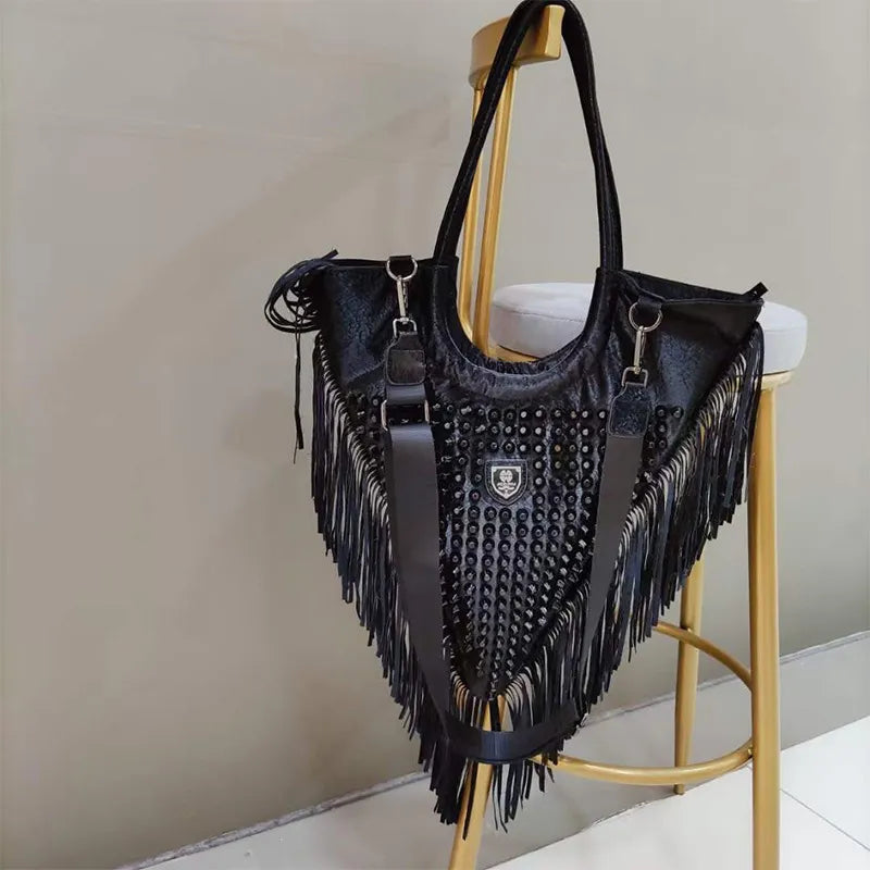 Onyx Studded Fringe Moto Hobo Handbag