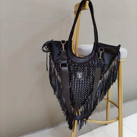 Onyx Studded Fringe Moto Hobo Handbag