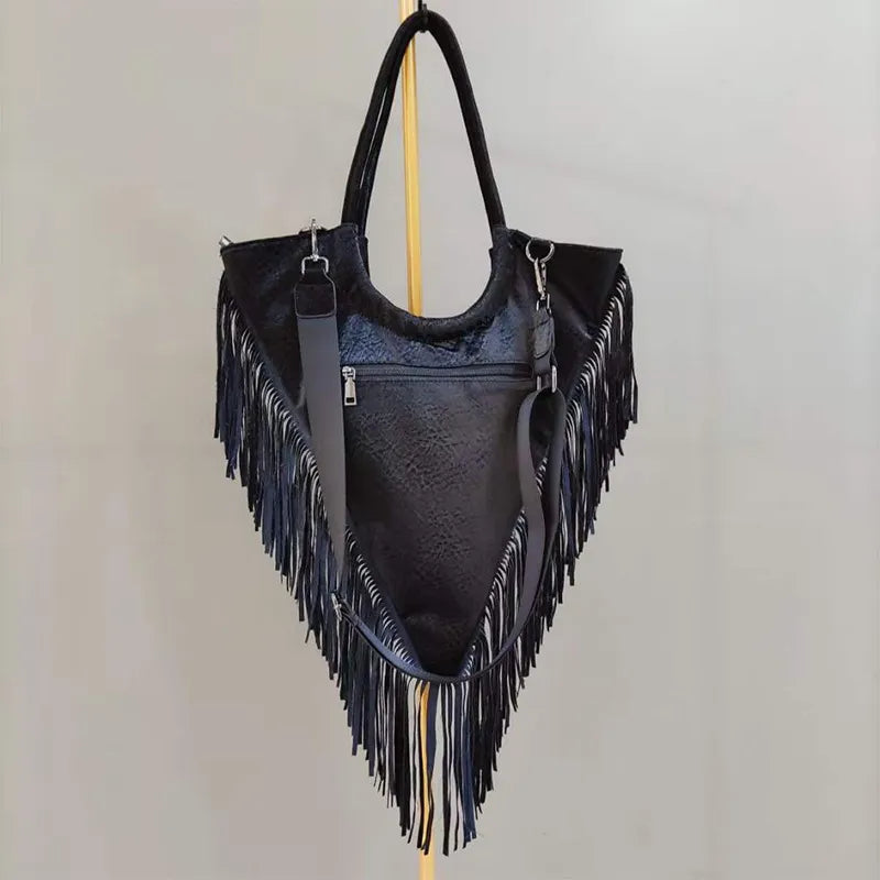 Onyx Studded Fringe Moto Hobo Handbag