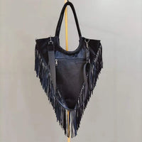 Onyx Studded Fringe Moto Hobo Handbag