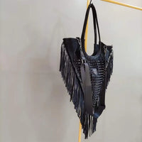 Onyx Studded Fringe Moto Hobo Handbag