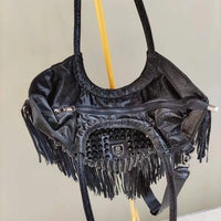 Onyx Studded Fringe Moto Hobo Handbag