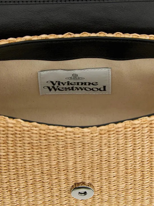 VW Embroidered Orb Woven Raffia Flap Baguette